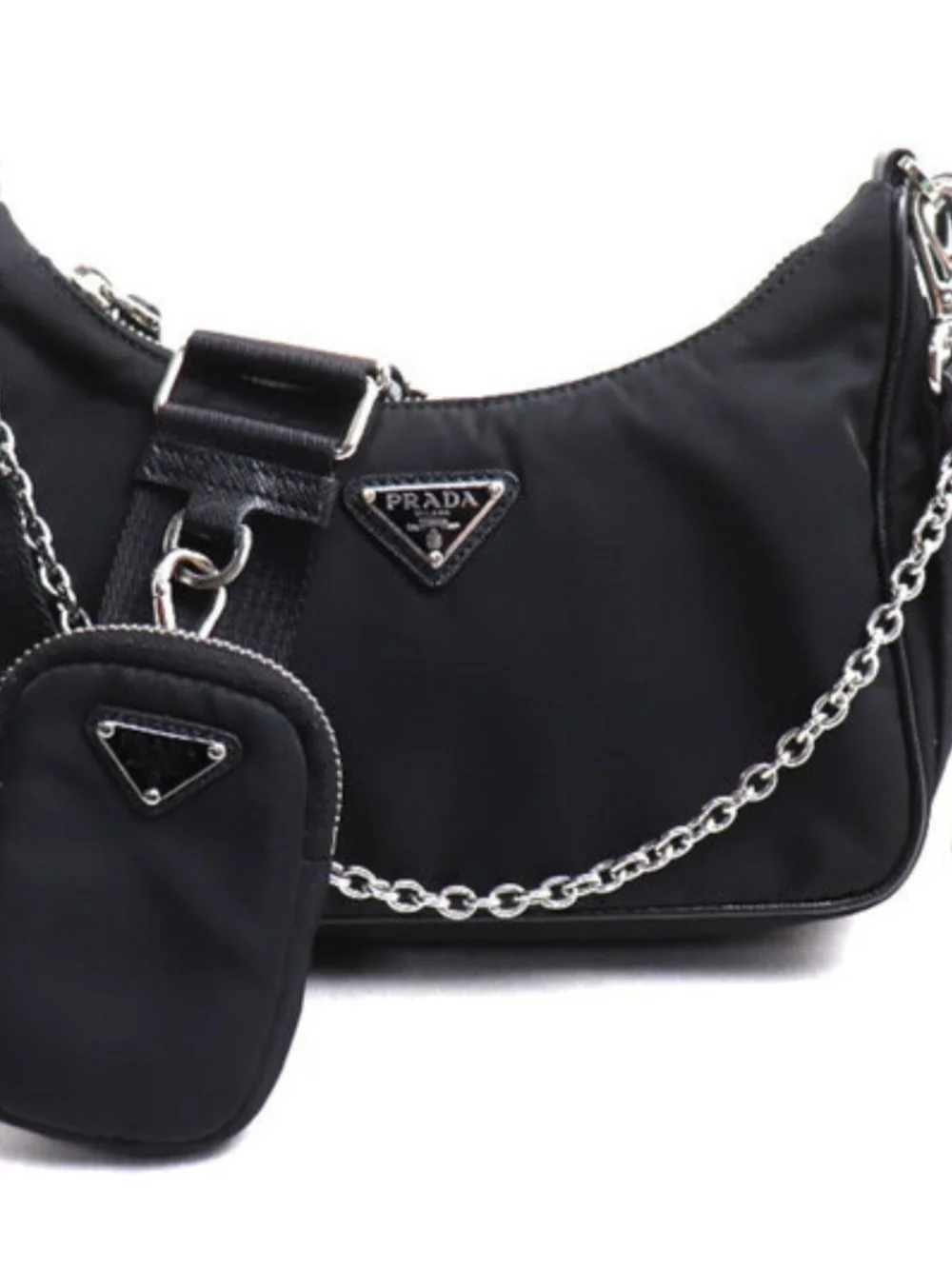 Black Nylon Shoulder Bag with Silver Chain and Pouch - Picture 1 of 3